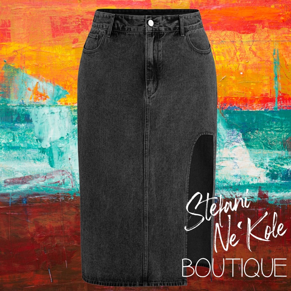 Cider Black Denim Midi Skirt 4XL